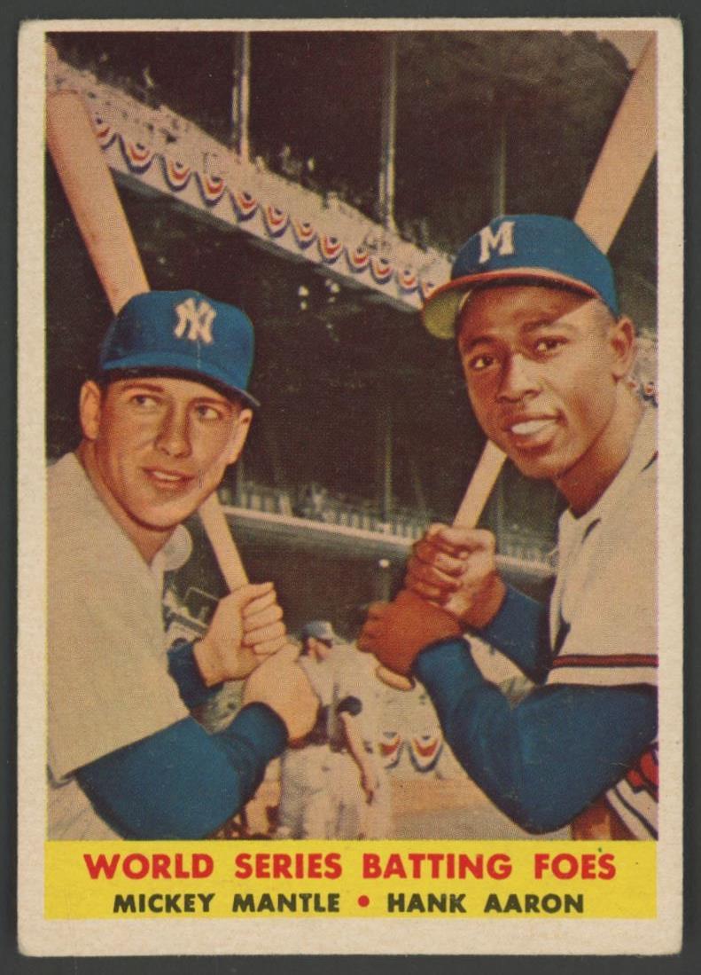 Mickey Mantle / Hank Aaron 1958 Topps #418 World Series Batting Foes at PristineAuction.com Mickey Mantle / Hank Aaron 1958 Topps #418 World Series Batting Foes at PristineAuction.com