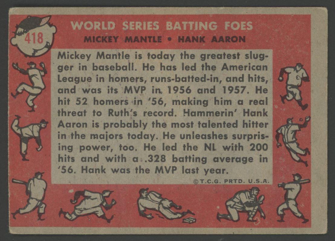 Mickey Mantle / Hank Aaron 1958 Topps #418 World Series Batting Foes at PristineAuction.com Mickey Mantle / Hank Aaron 1958 Topps #418 World Series Batting Foes at PristineAuction.com