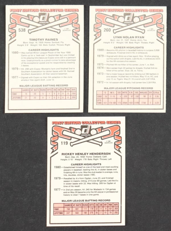 1981 Donruss Baseball Complete Set of (660) Cards with Rickey Henderson #119, Nolan Ryan #260, Tim Raines #538 at PristineAuction.com 1981 Donruss Baseball Complete Set of (660) Cards with Rickey Henderson #119, Nolan Ryan #260, Tim Raines #538 at PristineAuction.com