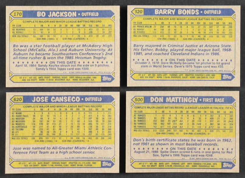 1987 Topps Baseball Complete Set of (792) Cards with Bo Jackson #170 RC, Barry Bonds #320 RC, Jose Canseco #620, Don Mattingly #500 at PristineAuction.com 1987 Topps Baseball Complete Set of (792) Cards with Bo Jackson #170 RC, Barry Bonds #320 RC, Jose Canseco #620, Don Mattingly #500 at PristineAuction.com