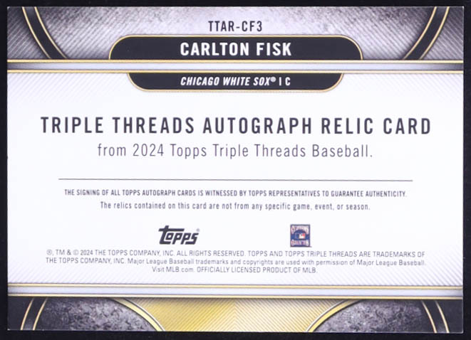 Carlton Fisk 2024 Topps Triple Threads Autograph Relics Emerald #TTARCF3 #16/18 at PristineAuction.com Carlton Fisk 2024 Topps Triple Threads Autograph Relics Emerald #TTARCF3 #16/18 at PristineAuction.com