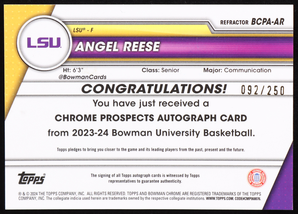 Angel Reese 2023-24 Bowman Chrome University Prospect Autographs Refractors #BCPAAR RC #92/250 at PristineAuction.com Angel Reese 2023-24 Bowman Chrome University Prospect Autographs Refractors #BCPAAR RC #92/250 at PristineAuction.com
