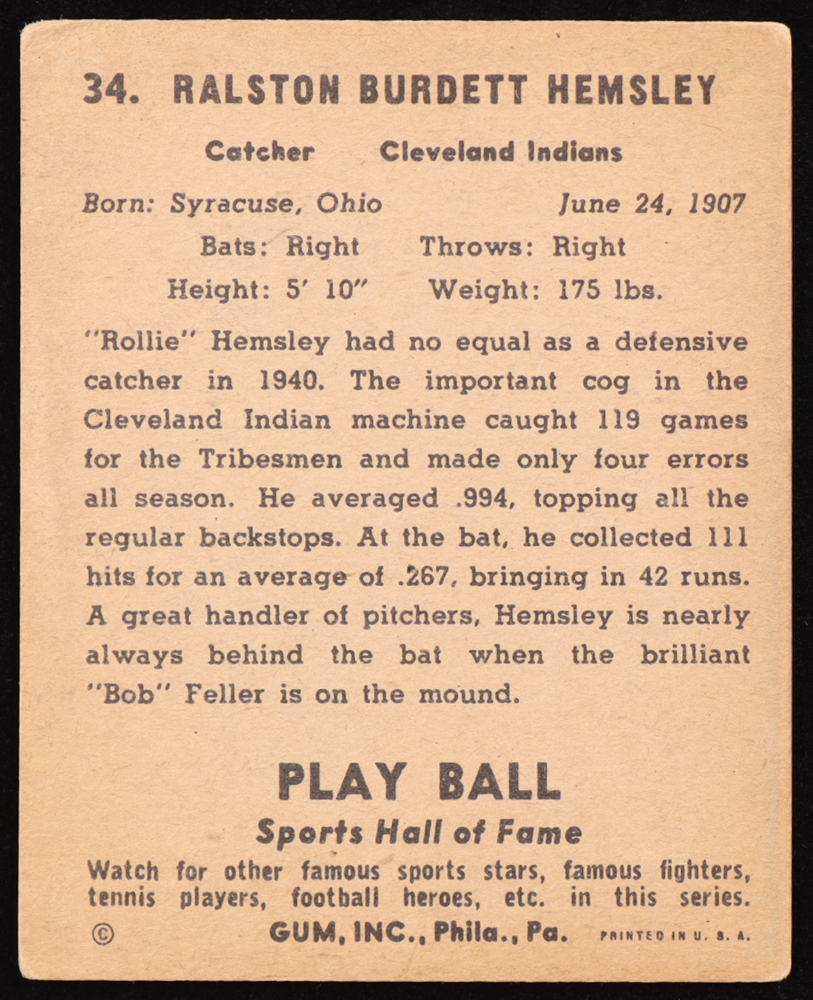 Rollie Hemsley 1941 Play Ball #34 at PristineAuction.com Rollie Hemsley 1941 Play Ball #34 at PristineAuction.com