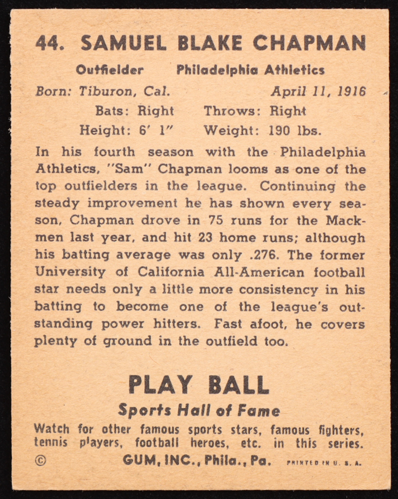 Sam Chapman 1941 Play Ball #44 at PristineAuction.com Sam Chapman 1941 Play Ball #44 at PristineAuction.com