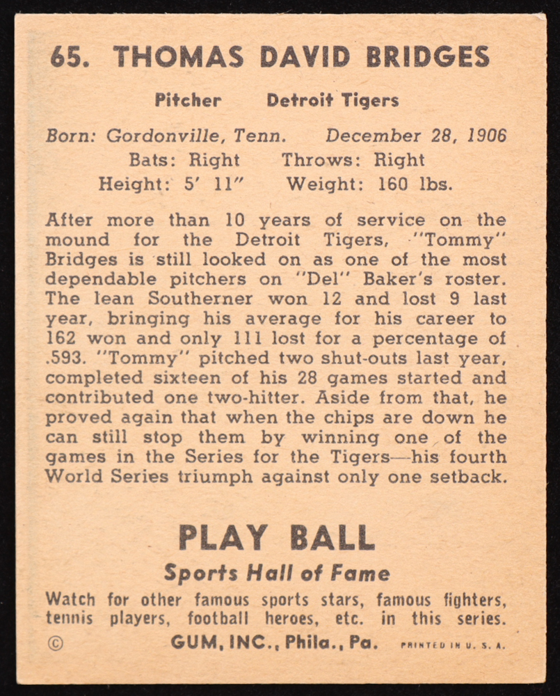 Tommy Bridges 1941 Play Ball #65 at PristineAuction.com Tommy Bridges 1941 Play Ball #65 at PristineAuction.com