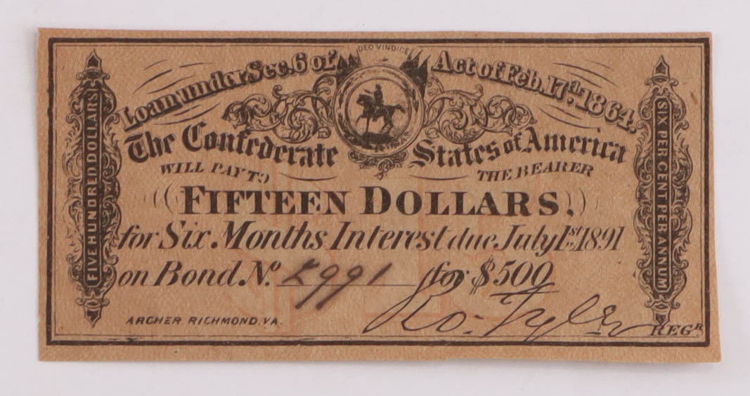 1861-64 $15 Confederate States of America First Series Bond Coupon at PristineAuction.com 1861-64 $15 Confederate States of America First Series Bond Coupon at PristineAuction.com