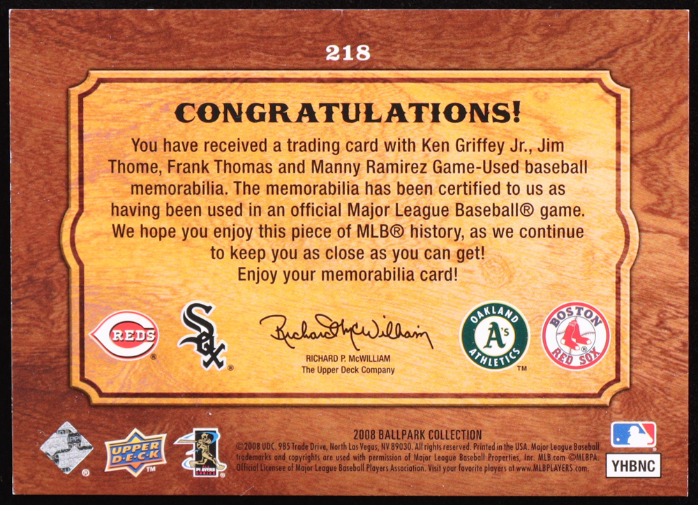 2008 Upper Deck Ballpark Collection #218 Ken Griffey Jr. / Jim Thome / Frank Thomas / Manny Ramirez at PristineAuction.com 2008 Upper Deck Ballpark Collection #218 Ken Griffey Jr. / Jim Thome / Frank Thomas / Manny Ramirez at PristineAuction.com