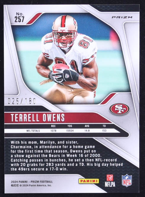 Terrell Owens 2024 Panini Prizm Prizms Hyper #257 #025/180 at PristineAuction.com Terrell Owens 2024 Panini Prizm Prizms Hyper #257 #025/180 at PristineAuction.com