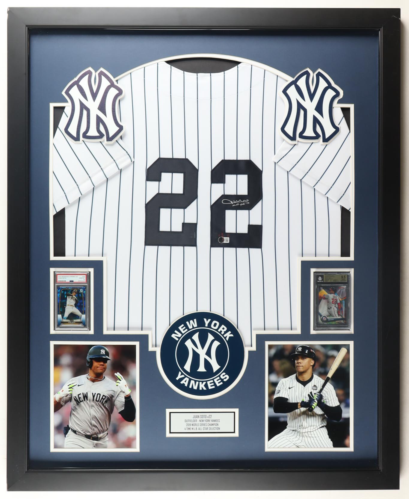 Juan Soto Signed Custom Framed Jersey Display With 2023 Bowman Chrome S/E #96 (PSA 10) & 2018 Bowman's Best Neophyte Sensations Refractors #NSJS (BGS 9.5) (Beckett) at PristineAuction.com Juan Soto Signed Custom Framed Jersey Display With 2023 Bowman Chrome S/E #96 (PSA 10) & 2018 Bowman's Best Neophyte Sensations Refractors #NSJS (BGS 9.5) (Beckett) at PristineAuction.com