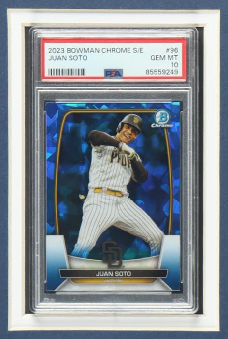 Juan Soto Signed Custom Framed Jersey Display With 2023 Bowman Chrome S/E #96 (PSA 10) & 2018 Bowman's Best Neophyte Sensations Refractors #NSJS (BGS 9.5) (Beckett) at PristineAuction.com Juan Soto Signed Custom Framed Jersey Display With 2023 Bowman Chrome S/E #96 (PSA 10) & 2018 Bowman's Best Neophyte Sensations Refractors #NSJS (BGS 9.5) (Beckett) at PristineAuction.com