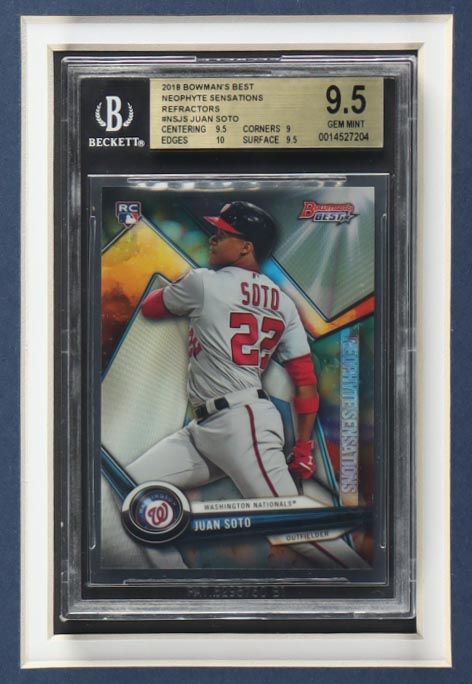 Juan Soto Signed Custom Framed Jersey Display With 2023 Bowman Chrome S/E #96 (PSA 10) & 2018 Bowman's Best Neophyte Sensations Refractors #NSJS (BGS 9.5) (Beckett) at PristineAuction.com Juan Soto Signed Custom Framed Jersey Display With 2023 Bowman Chrome S/E #96 (PSA 10) & 2018 Bowman's Best Neophyte Sensations Refractors #NSJS (BGS 9.5) (Beckett) at PristineAuction.com