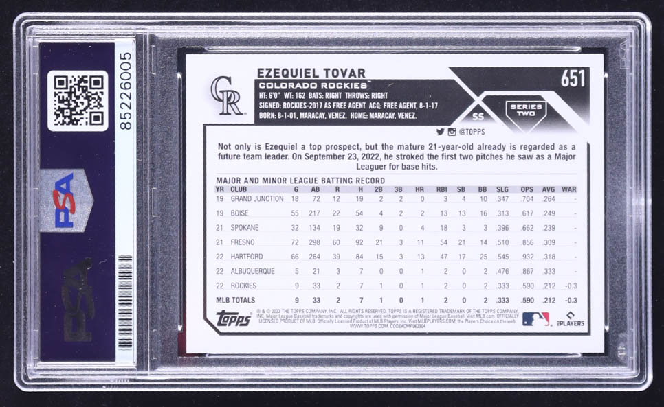 Ezequiel Tovar Signed 2023 Topps #651 RC (PSA) at PristineAuction.com Ezequiel Tovar Signed 2023 Topps #651 RC (PSA) at PristineAuction.com