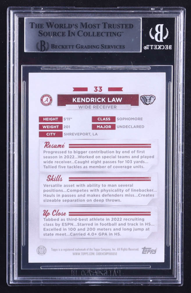 Kendrick Law Signed 2023 Bowman University Alabama #33 RC (BGS) at PristineAuction.com Kendrick Law Signed 2023 Bowman University Alabama #33 RC (BGS) at PristineAuction.com