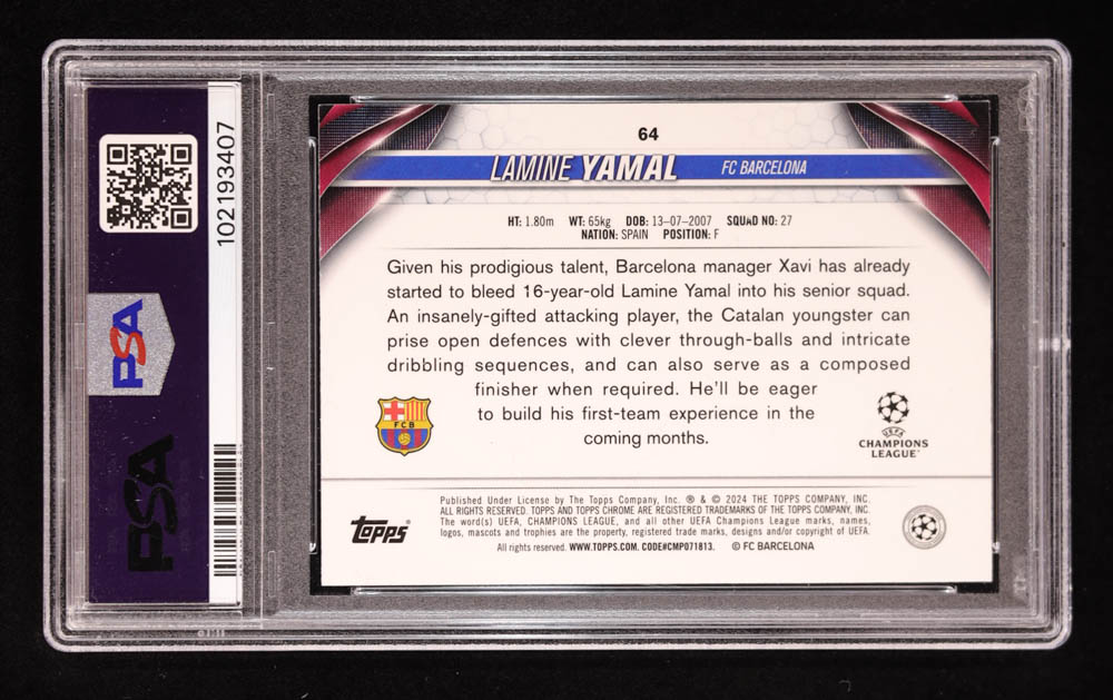 Lamine Yamal 2023-24 Topps Chrome UEFA Club Competitions #64 RC (PSA 10) at PristineAuction.com Lamine Yamal 2023-24 Topps Chrome UEFA Club Competitions #64 RC (PSA 10) at PristineAuction.com