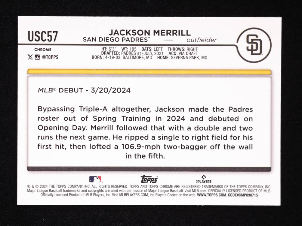Jackson Merrill 2024 Topps Chrome Update X-Fractors #USC57 RC at PristineAuction.com Jackson Merrill 2024 Topps Chrome Update X-Fractors #USC57 RC at PristineAuction.com