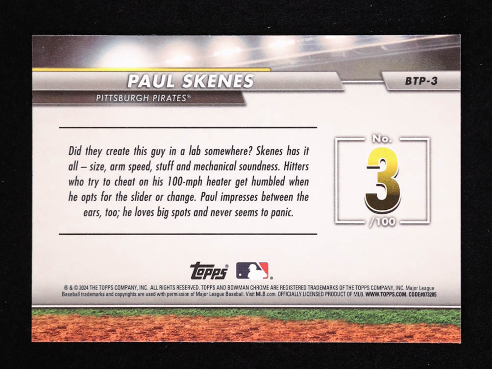 Paul Skenes 2024 Bowman Chrome Scouts Top 100 #BTP3 RC at PristineAuction.com Paul Skenes 2024 Bowman Chrome Scouts Top 100 #BTP3 RC at PristineAuction.com