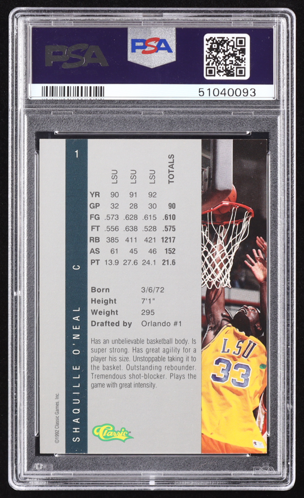 Shaquille O'Neal 1992 Classic Four Sport #1 RC (PSA 9) at PristineAuction.com Shaquille O'Neal 1992 Classic Four Sport #1 RC (PSA 9) at PristineAuction.com