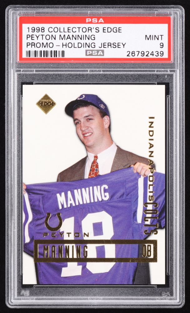 Peyton Manning 1998 Collector's Edge Peyton Manning Promos #NNO RC / Holding Jersey (PSA 9) at PristineAuction.com Peyton Manning 1998 Collector's Edge Peyton Manning Promos #NNO RC / Holding Jersey (PSA 9) at PristineAuction.com
