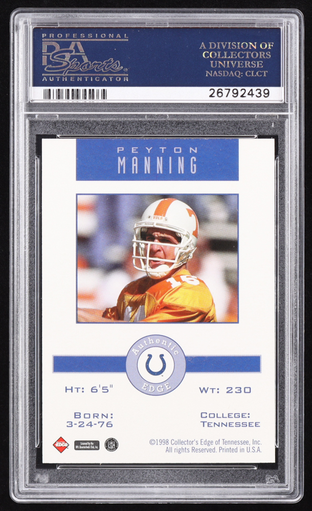 Peyton Manning 1998 Collector's Edge Peyton Manning Promos #NNO RC / Holding Jersey (PSA 9) at PristineAuction.com Peyton Manning 1998 Collector's Edge Peyton Manning Promos #NNO RC / Holding Jersey (PSA 9) at PristineAuction.com