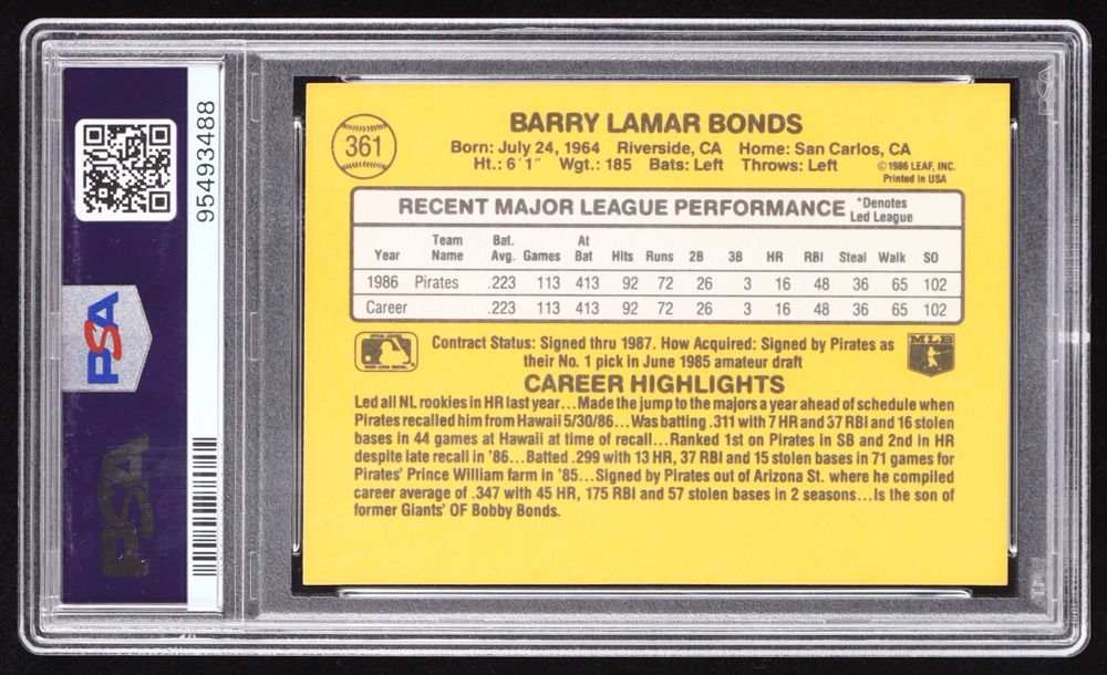 Barry Bonds 1987 Donruss #361 RC (PSA 9) at PristineAuction.com Barry Bonds 1987 Donruss #361 RC (PSA 9) at PristineAuction.com