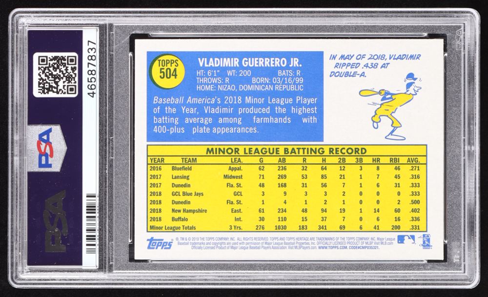 Vladimir Guerrero Jr. 2019 Topps Heritage #504 RC (PSA 10) at PristineAuction.com Vladimir Guerrero Jr. 2019 Topps Heritage #504 RC (PSA 10) at PristineAuction.com