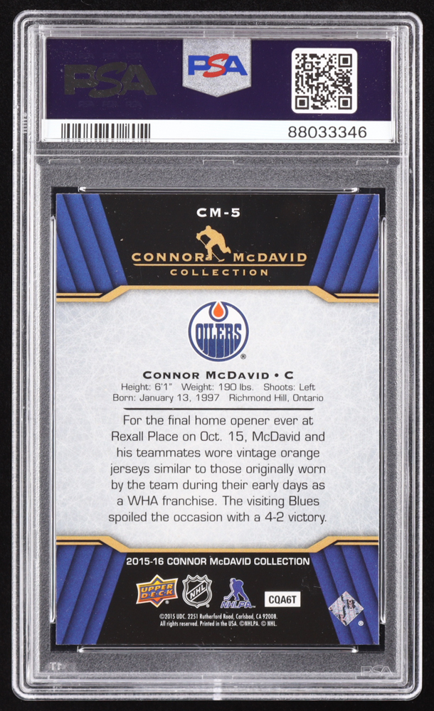 Connor McDavid 2015-16 Upper Deck Connor McDavid Collection #CM5 RC (PSA 10) at PristineAuction.com Connor McDavid 2015-16 Upper Deck Connor McDavid Collection #CM5 RC (PSA 10) at PristineAuction.com