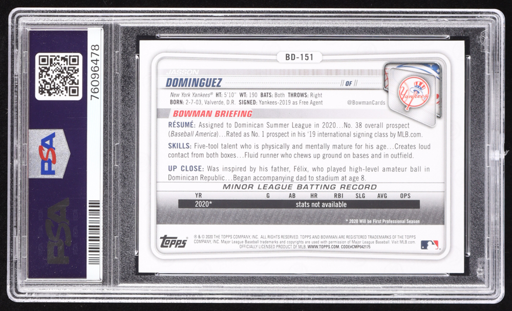 Jasson Dominguez 2020 Bowman Chrome Draft #BD151 RC (PSA 10) at PristineAuction.com Jasson Dominguez 2020 Bowman Chrome Draft #BD151 RC (PSA 10) at PristineAuction.com