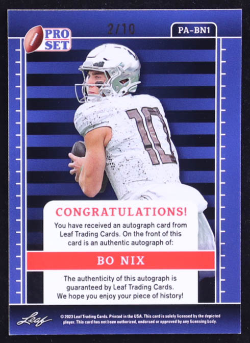 Bo Nix 2023 Leaf Pro Set Metal Autographs Pink #PA-BN1 RC #2/10 at PristineAuction.com Bo Nix 2023 Leaf Pro Set Metal Autographs Pink #PA-BN1 RC #2/10 at PristineAuction.com