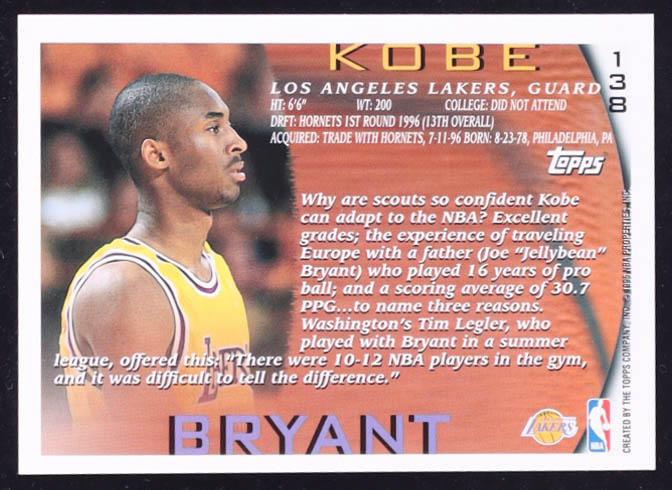 Kobe Bryant 1996-97 Topps #138 RC at PristineAuction.com Kobe Bryant 1996-97 Topps #138 RC at PristineAuction.com