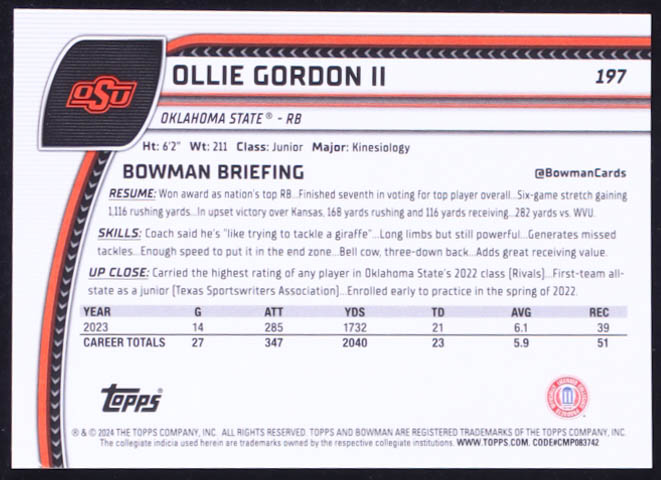 Ollie Gordon II 2024 Bowman Chrome University Aqua Mini Diamond Refractors #197 RC #116/275 at PristineAuction.com Ollie Gordon II 2024 Bowman Chrome University Aqua Mini Diamond Refractors #197 RC #116/275 at PristineAuction.com