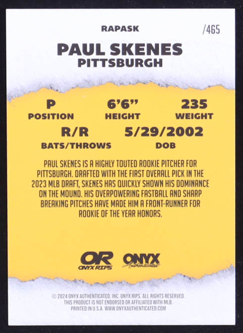Paul Skenes 2024 Onyx Rips Autographs RC #/465 at PristineAuction.com Paul Skenes 2024 Onyx Rips Autographs RC #/465 at PristineAuction.com