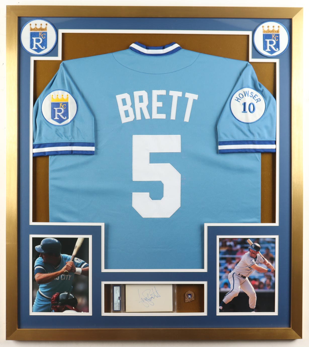 George Brett Signed Custom Framed Cut Display With Jersey, (2) Cloth team Logo Patches & World Series Gold Press Pin (PSA) at PristineAuction.com George Brett Signed Custom Framed Cut Display With Jersey, (2) Cloth team Logo Patches & World Series Gold Press Pin (PSA) at PristineAuction.com
