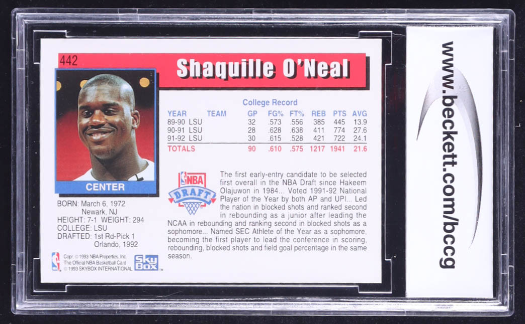 Shaquille O'Neal 1992-93 Hoops #442 RC (BCCG 10) at PristineAuction.com Shaquille O'Neal 1992-93 Hoops #442 RC (BCCG 10) at PristineAuction.com