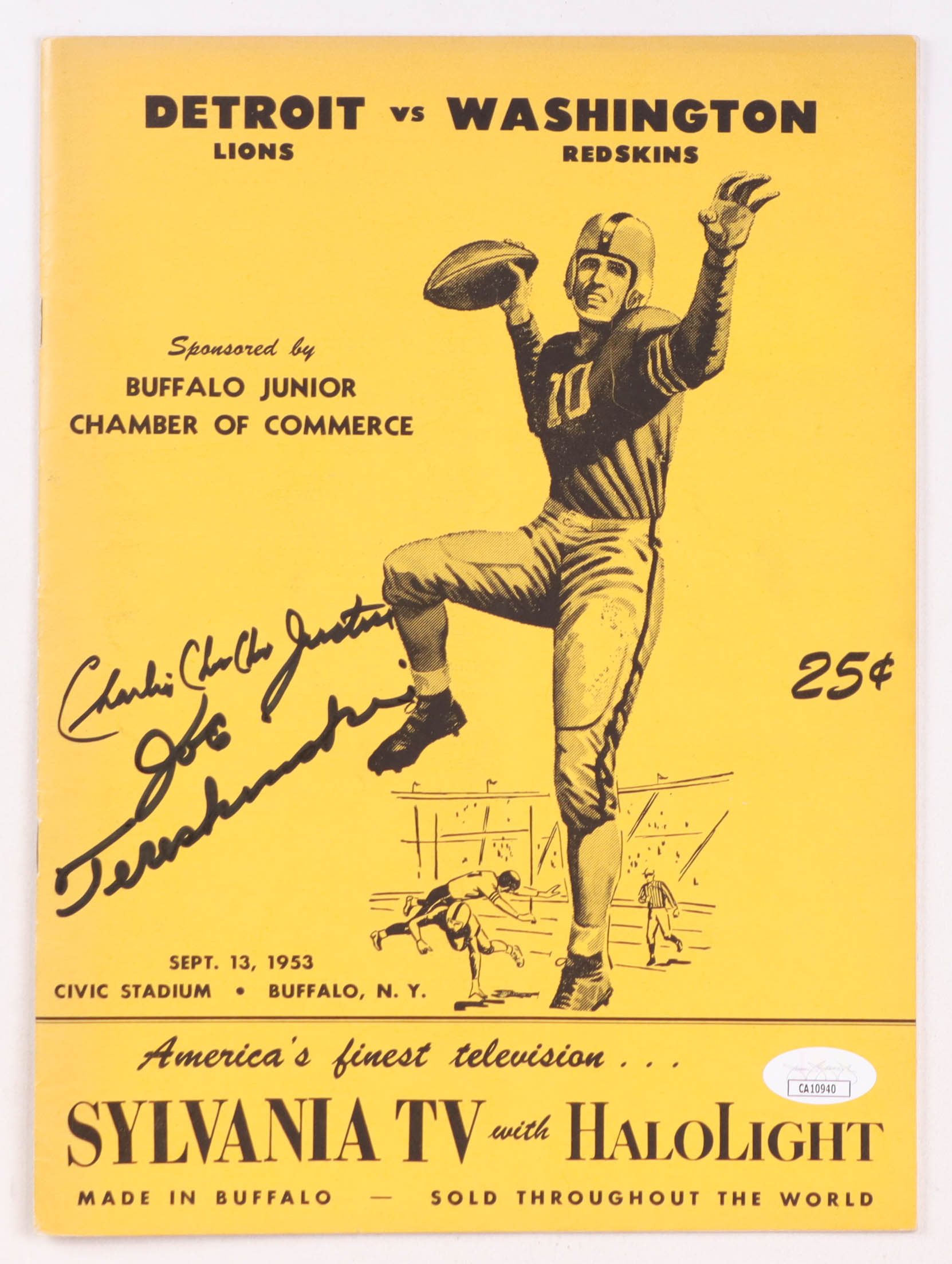 Joe Tereshinski Sr. & Charlie Justice Signed 1955 Lions vs. Redskins Original Program (JSA) at PristineAuction.com Joe Tereshinski Sr. & Charlie Justice Signed 1955 Lions vs. Redskins Original Program (JSA) at PristineAuction.com