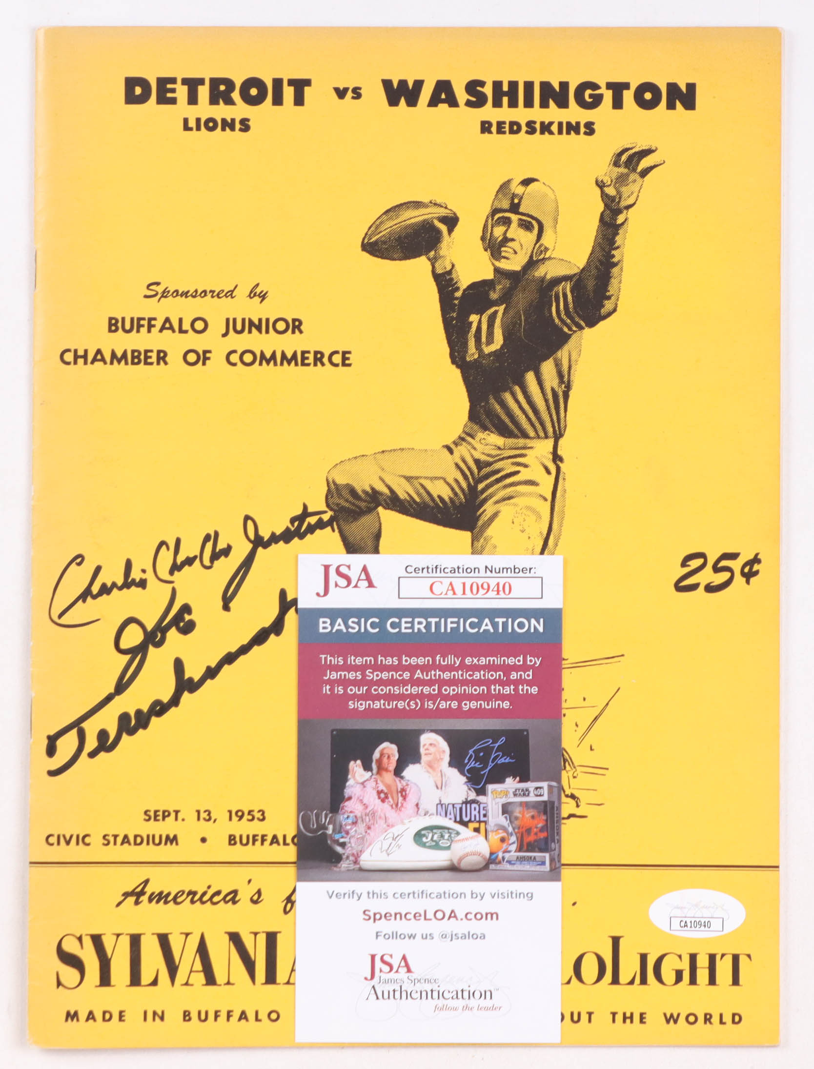 Joe Tereshinski Sr. & Charlie Justice Signed 1955 Lions vs. Redskins Original Program (JSA) at PristineAuction.com Joe Tereshinski Sr. & Charlie Justice Signed 1955 Lions vs. Redskins Original Program (JSA) at PristineAuction.com
