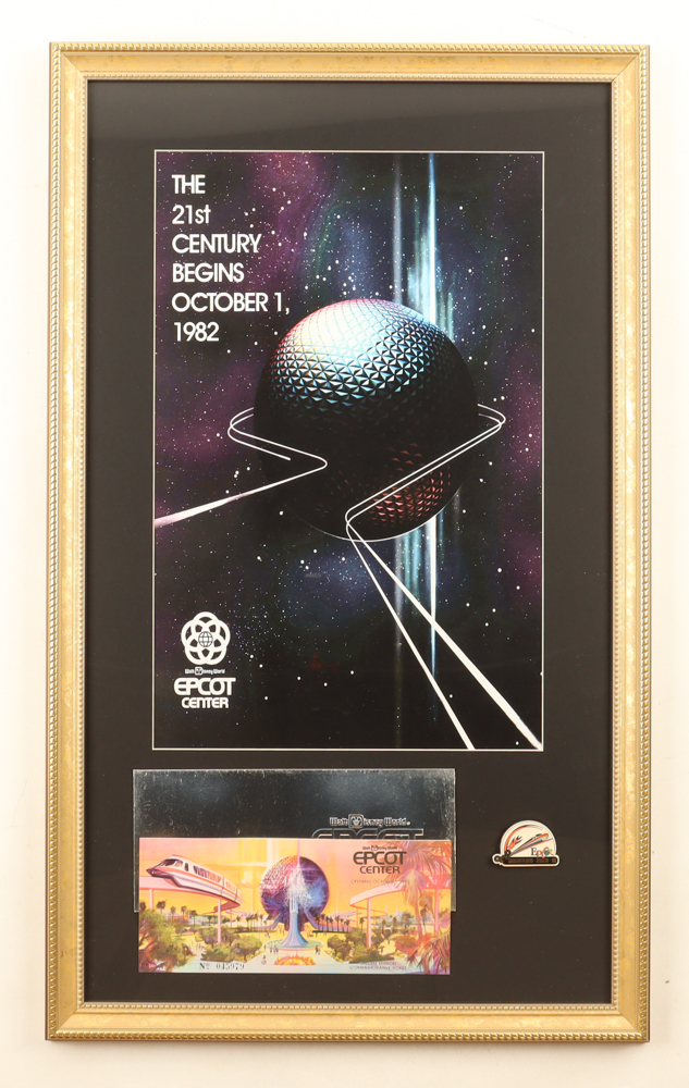 Disney World "Epcot Center" Grand Opening Custom Framed Poster with Opening Day Ticket, Silver Envelope & Vintage Opening Day Epcot Pin at PristineAuction.com Disney World "Epcot Center" Grand Opening Custom Framed Poster with Opening Day Ticket, Silver Envelope & Vintage Opening Day Epcot Pin at PristineAuction.com