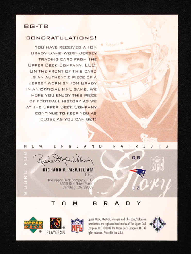 Tom Brady 2002 Upper Deck Ovation Bound for Glory Jerseys #BGTB at PristineAuction.com Tom Brady 2002 Upper Deck Ovation Bound for Glory Jerseys #BGTB at PristineAuction.com