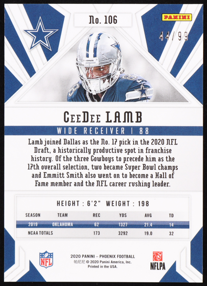 CeeDee Lamb 2020 Panini Phoenix Orange #106 #44/99 RC at PristineAuction.com CeeDee Lamb 2020 Panini Phoenix Orange #106 #44/99 RC at PristineAuction.com