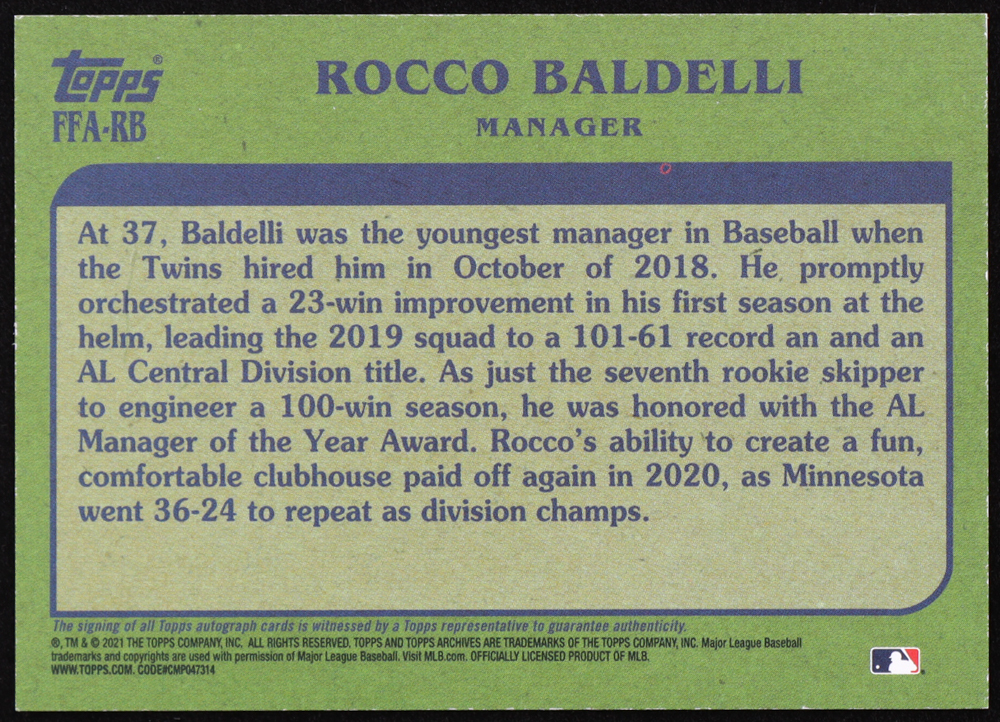 Rocco Baldelli 2021 Topps Archives Fan Favorites Autographs #FFARB at PristineAuction.com Rocco Baldelli 2021 Topps Archives Fan Favorites Autographs #FFARB at PristineAuction.com