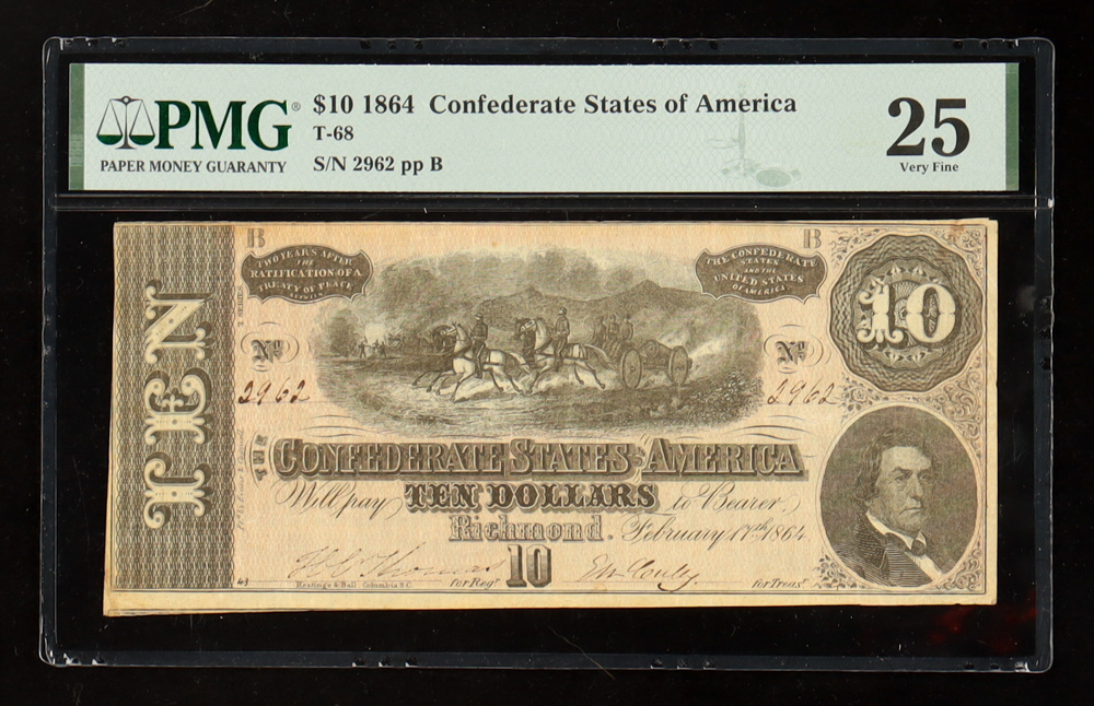 1864 Confederate States of America $10 Note, T-68 (PMG VF25) at PristineAuction.com 1864 Confederate States of America $10 Note, T-68 (PMG VF25) at PristineAuction.com