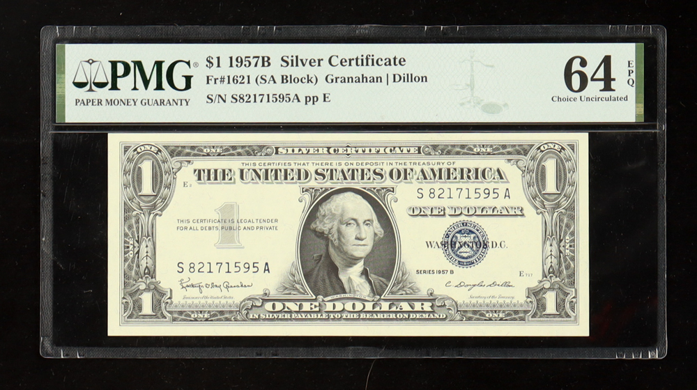 1957-B U.S. $1 Silver Certificate, Blue Seal - Fr#1621 (SA Block) Signed: Granahan / Dillon (PMG CHOICE UNCIRCULATED 64 EPQ) at PristineAuction.com 1957-B U.S. $1 Silver Certificate, Blue Seal - Fr#1621 (SA Block) Signed: Granahan / Dillon (PMG CHOICE UNCIRCULATED 64 EPQ) at PristineAuction.com