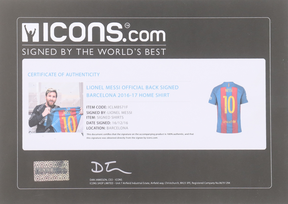 Lionel Messi Signed FC Barcelona Authentic Nike Jersey Inscribed "LEO" (Beckett & Icons) at PristineAuction.com Lionel Messi Signed FC Barcelona Authentic Nike Jersey Inscribed "LEO" (Beckett & Icons) at PristineAuction.com