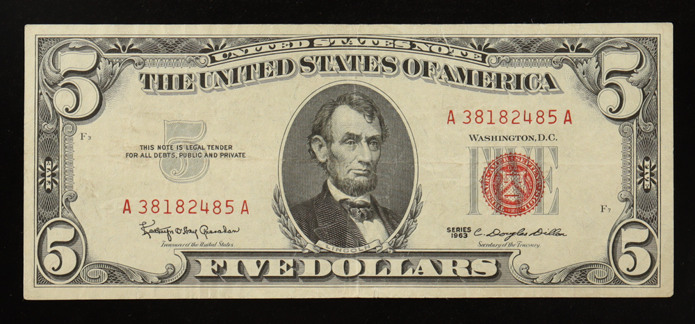 1963 U.S. $5 Legal Tender Note, Red Seal (AA Block) Fr.1536 Signed: Granahan / Dillon at PristineAuction.com 1963 U.S. $5 Legal Tender Note, Red Seal (AA Block) Fr.1536 Signed: Granahan / Dillon at PristineAuction.com