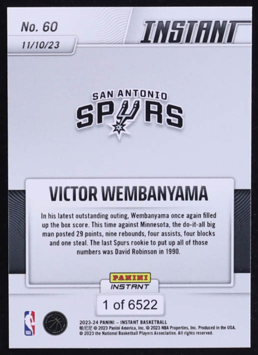 Victor Wembanyama 2023-24 Panini Instant #60 RC at PristineAuction.com Victor Wembanyama 2023-24 Panini Instant #60 RC at PristineAuction.com