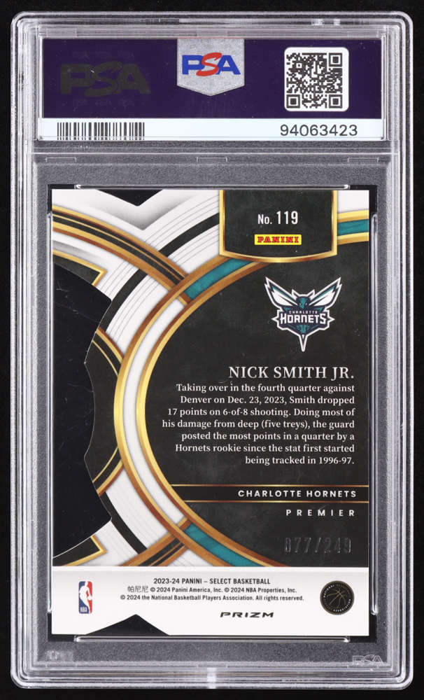 Nick Smith Jr. 2023-24 Select Prizms Blue Die-Cut #119 RC #77/249 (PSA 9) at PristineAuction.com Nick Smith Jr. 2023-24 Select Prizms Blue Die-Cut #119 RC #77/249 (PSA 9) at PristineAuction.com