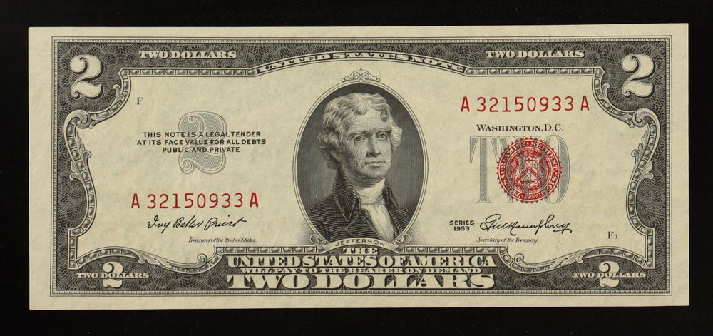 1953 U.S. $2 Legal Tender Note, Red Seal (AA Block) Fr.1509 Signed: Priest / Humphrey at PristineAuction.com 1953 U.S. $2 Legal Tender Note, Red Seal (AA Block) Fr.1509 Signed: Priest / Humphrey at PristineAuction.com