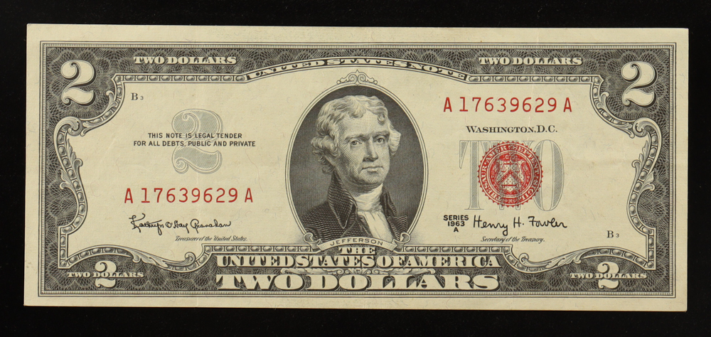 1963 U.S. $2 Legal Tender Note, Red Seal (AA Block) Fr.1513 Signed: Granahan / Dillon at PristineAuction.com 1963 U.S. $2 Legal Tender Note, Red Seal (AA Block) Fr.1513 Signed: Granahan / Dillon at PristineAuction.com