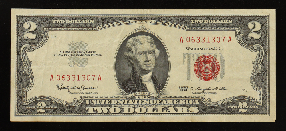 1963 U.S. $2 Legal Tender Note, Red Seal (AA Block) Fr.1513 Signed: Granahan / Dillon at PristineAuction.com 1963 U.S. $2 Legal Tender Note, Red Seal (AA Block) Fr.1513 Signed: Granahan / Dillon at PristineAuction.com