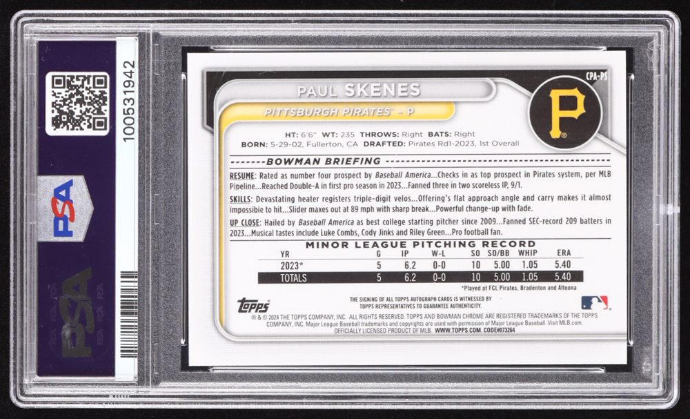 Paul Skenes 2024 Bowman Chrome Prospect Autographs #CPAPS RC (PSA 10) at PristineAuction.com Paul Skenes 2024 Bowman Chrome Prospect Autographs #CPAPS RC (PSA 10) at PristineAuction.com