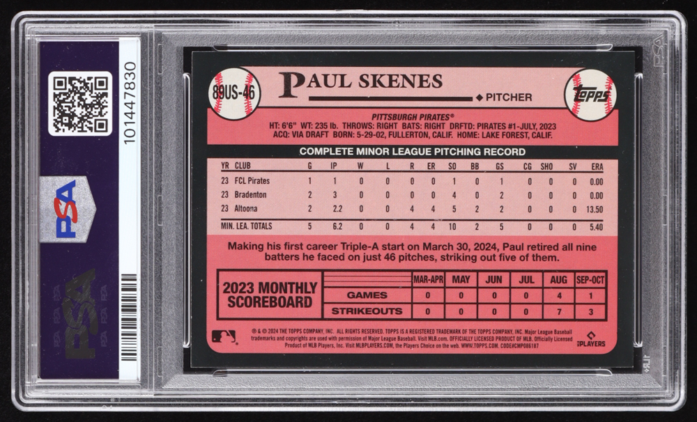 Paul Skenes 2024 Topps Update '89 Topps #89US46 RC (PSA 9) at PristineAuction.com Paul Skenes 2024 Topps Update '89 Topps #89US46 RC (PSA 9) at PristineAuction.com